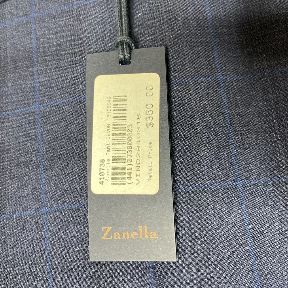 Zanella NWT Dress Pants Size 42 US Devon Navy Blue Plaid 100% Wool $350